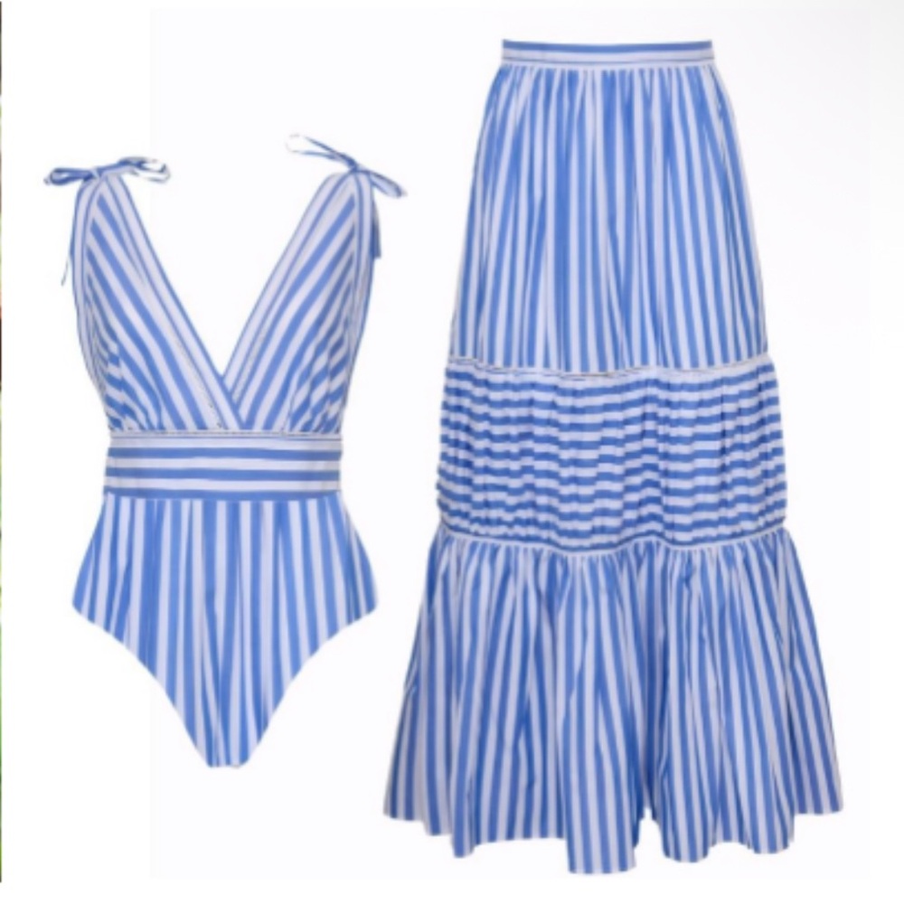 Blue and White Striped Skirt and Swimsuit Set